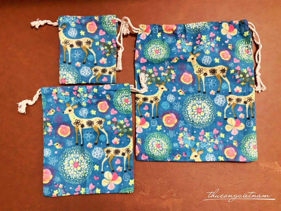 Set 3 túi rút vải bố - Hươu sao nền xanh